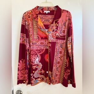 JOHNNY WAS Dragonia Longsleeve Whimsical Red Dragon Pajama Shirt Size XL